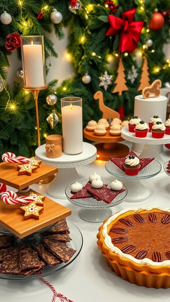 A festive dessert table with gingerbread cookies, chocolate peppermint bark, red velvet cupcakes, and pecan pie, decorated for Christmas.